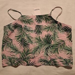 Kenzie Jeans women's XL cropped Banana Leaf linen blend top, NEW